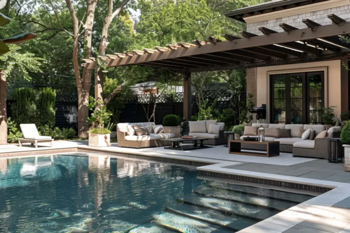 Poolside sunlounger near a sectional sofa under a pergola