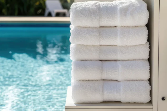 Fluff white beach towels stacked on a shelf next to a pool