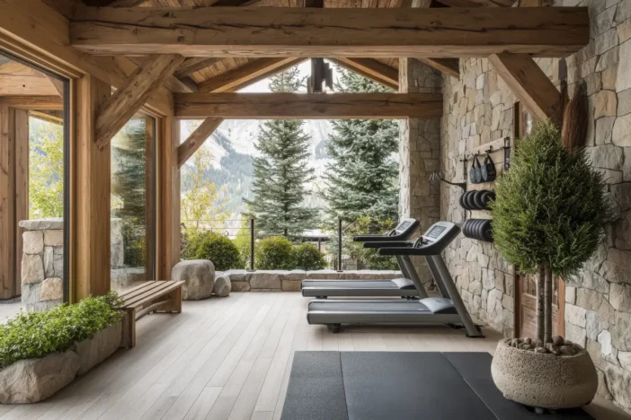 Covered outdoor home gym with treadmill, weights and stretching mat