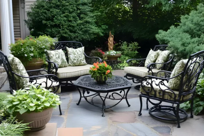 Wrought iron patio lounge chairs around a coffee table