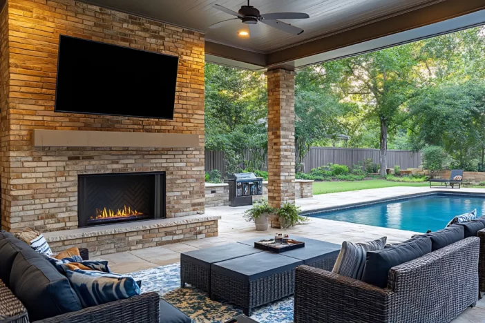 Flatscreen TV mounted above outdoor fireplace near a backyard pool