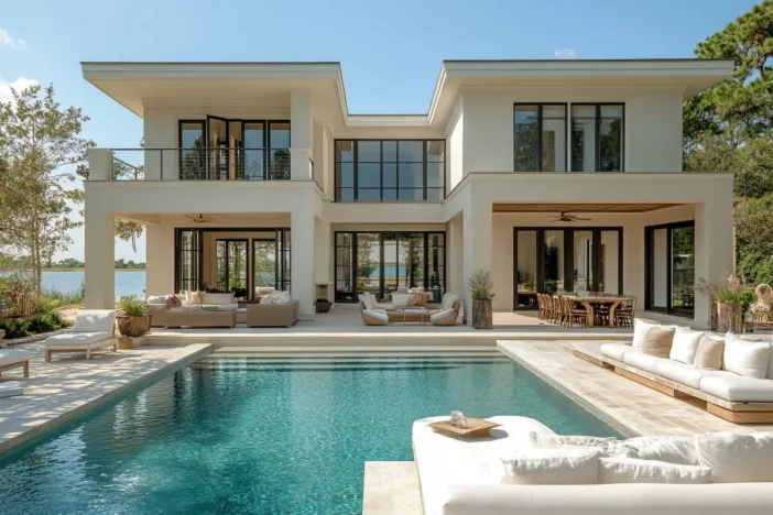 Modern residential pool with sunning, conversational and dining areas