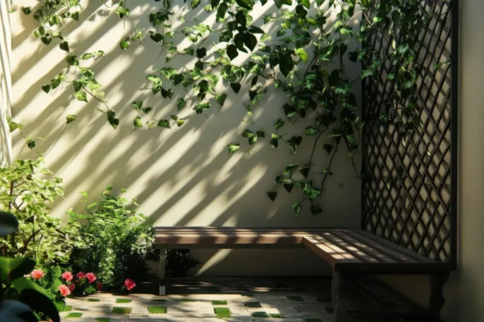 Corner bench next to a wooden trellis with vines