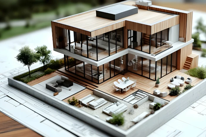 Architectural model of modern home with several outdoor furniture settings