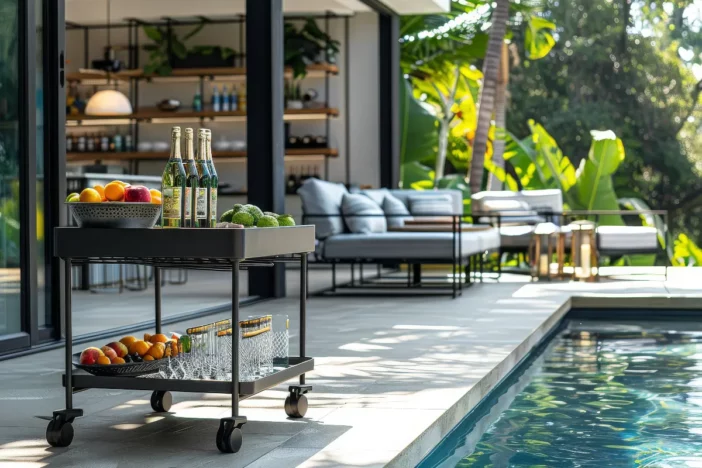 Square steel bar cart with fruit, beverages and glassware next to a pool