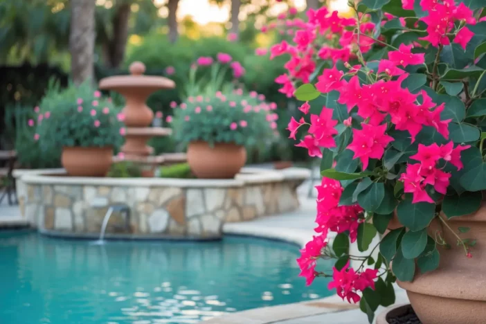 Fuchsia flowers and decorative terracotta planters sitting alongside a pool