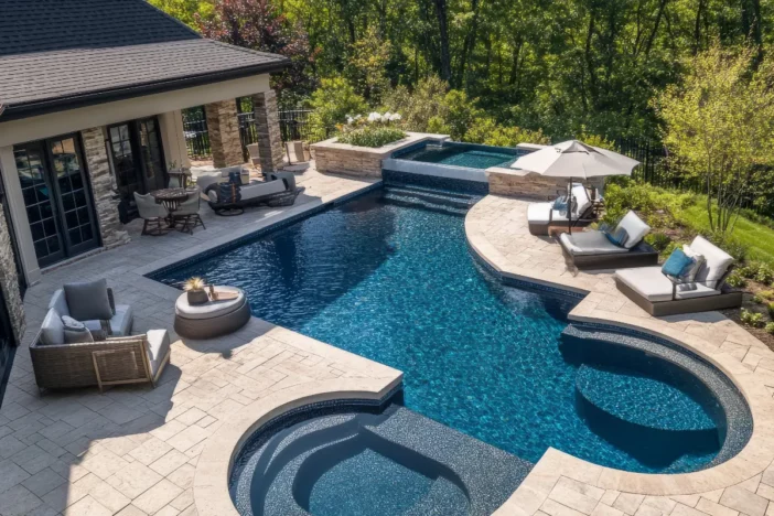Asymmetrical pool with sunloungers, umbrella and outdoor furniture sets