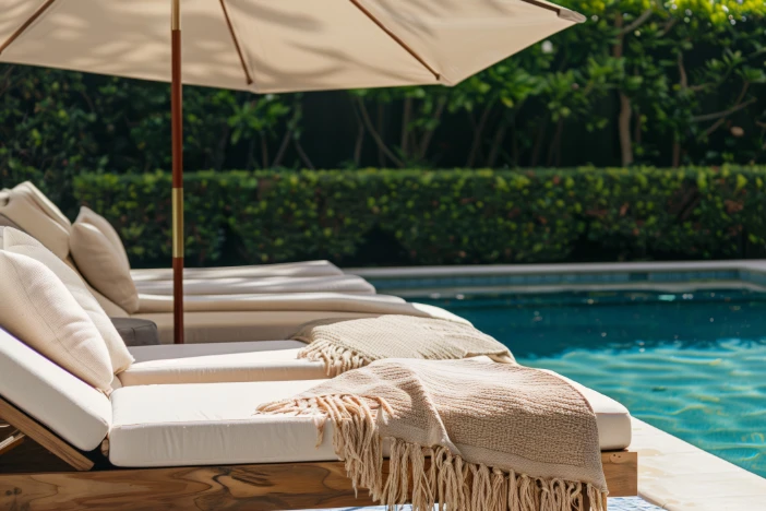 Wooden sunloungers with beige cushions and a patio umbrella on the edge of a pool