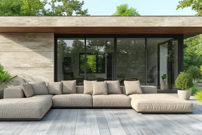 Beige minimalist sectional with chaise lounge pieces on a hardwood deck