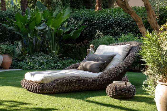 Dark brown wicker chaise lounge with off-white cushion in a lush setting