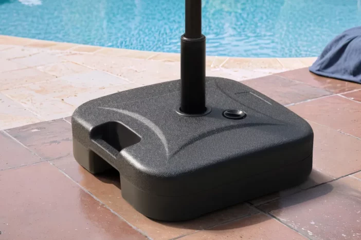 Square black plastic fillable patio umbrella base with handle