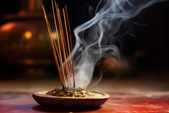 Burning incense sticks with wisps of smoke rising from a flat bowl