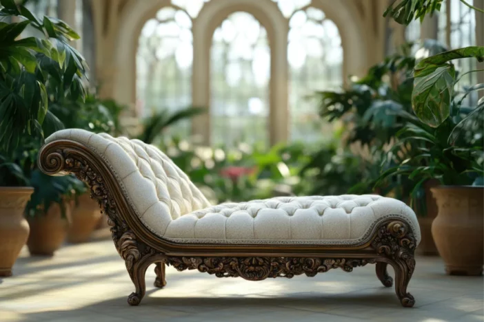 Ornately carved chaise lounge with white tufted upholstery in a sunroom