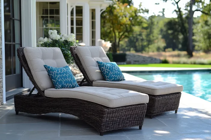 Ergonomic brown wicker chaise loungers with tufted cream cushions and teal pillows