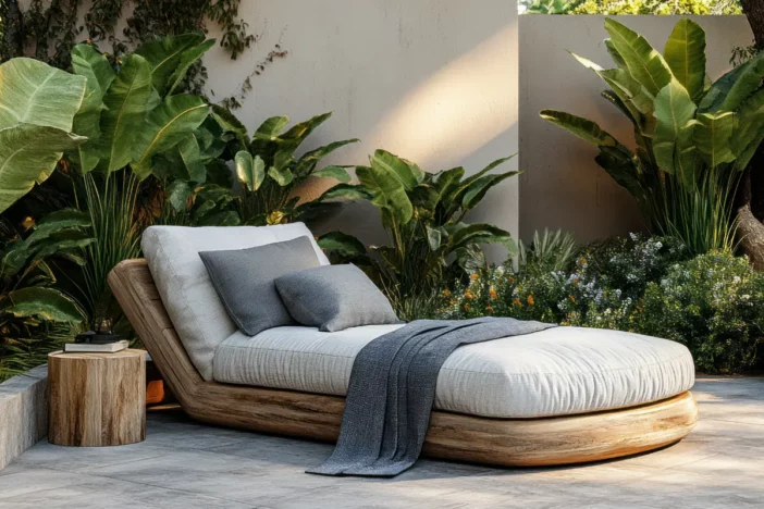 Organic wooden chaise lounger with ample grey cushions and pillows