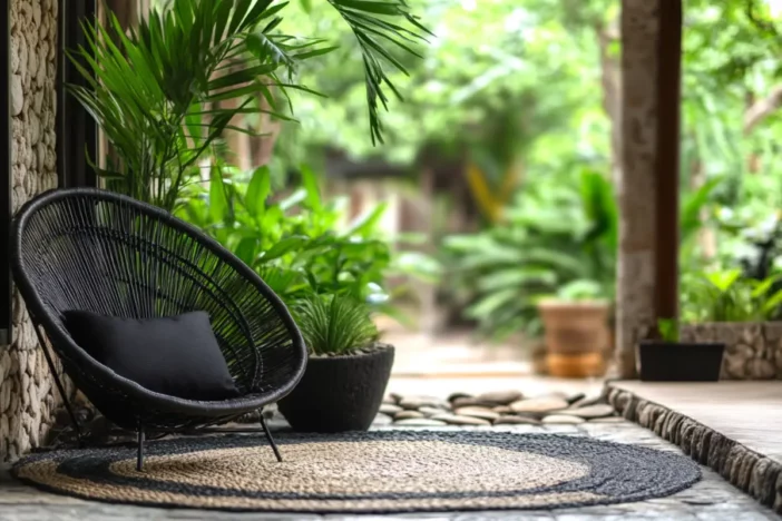 Black rattan papasan chair on a round two-toned outdoor rug