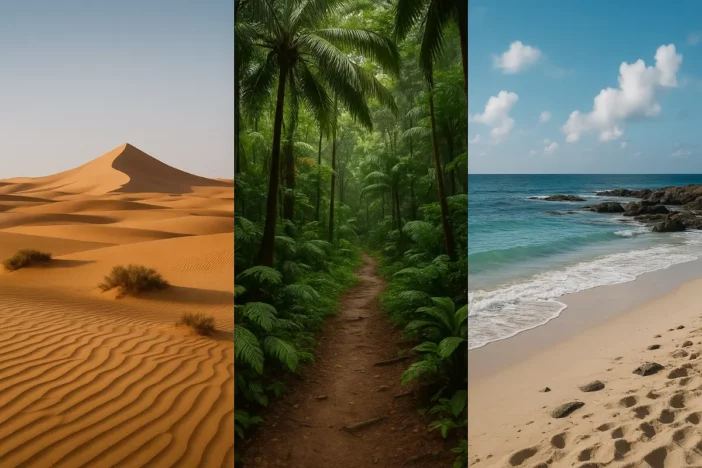 Three panel image of a windswept desert, lush tropical rainforest and a sandy coastline