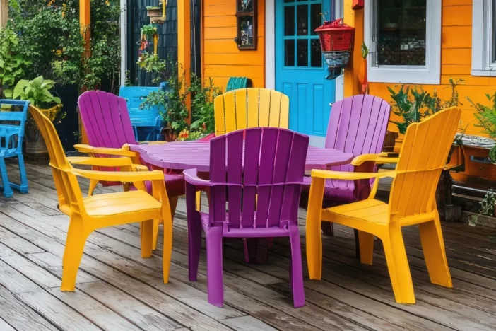 Adirondack style plastic dining chairs and table in lavender and sunflower yellow