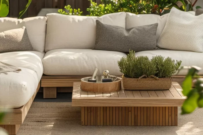 Wooden outdoor lounge table with basket of plants and tray in the middle