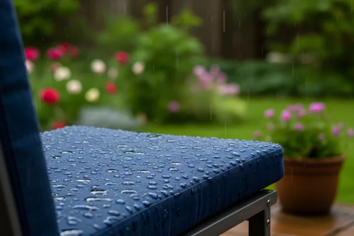 Droplets of water on a blue seat cushion of an outdoor chair
