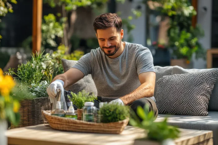 Man handling eco-friendly cleaning products on an outdoor wooden coffee table