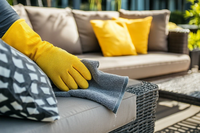 Yellow gloved hand wiping beige patio cushions with a wet grey cloth