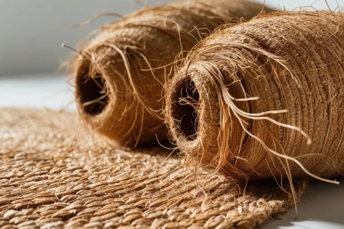 Close-up of two rolled up and one flat natural fiber outdoor rugs