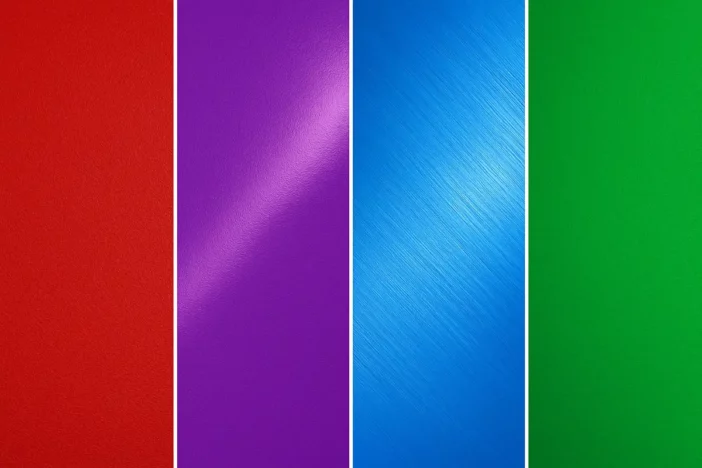 Panels with red matte, purple gloss, blue brushed and green powder-coated finishes