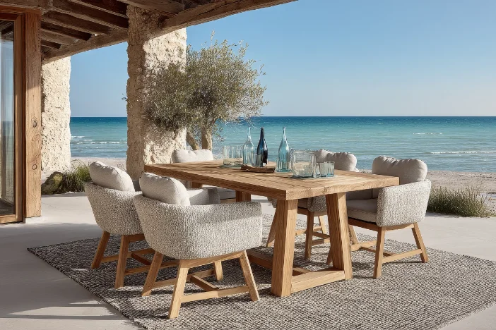 Modern wooden outdoor dining set with beige upholstery on a brown rug at beachfront property