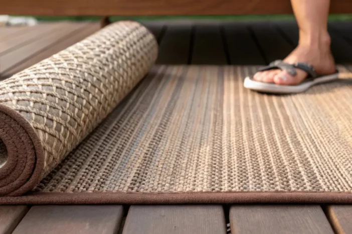 Close-up of a brown natural fiber low-pile outdoor rug with banded edges