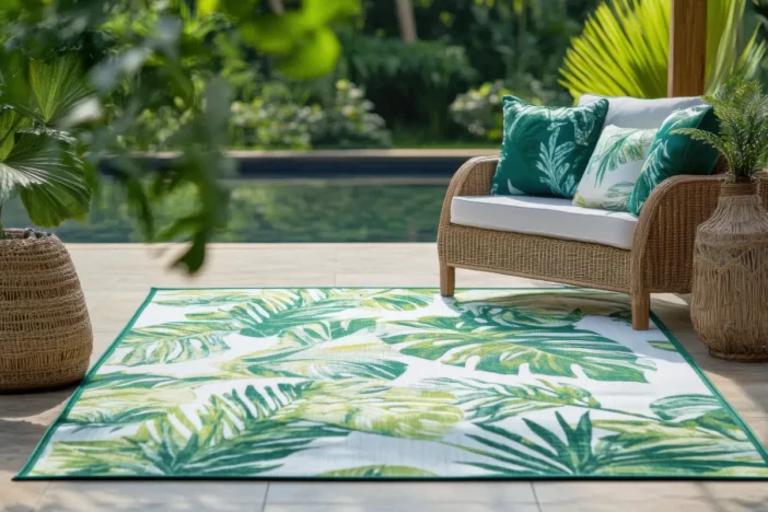 Green leaf patterned outdoor rug with tan wicker chair, white cushions and accent pillows