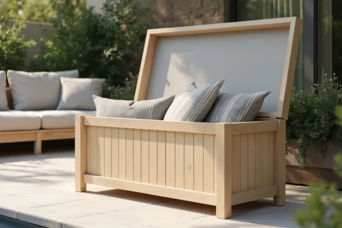 Open light wooden cushion storage box with grey striped pillows on a patio