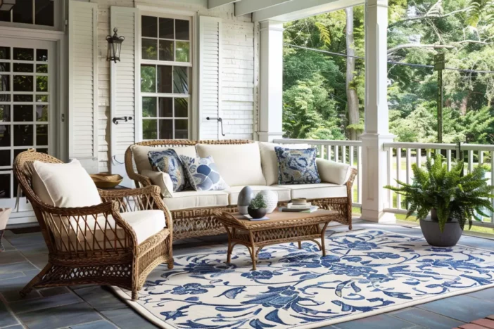 Brown open-weave wicker lounge set with a blue and cream patterned outdoor rug