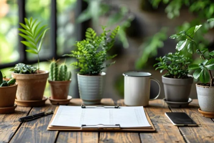 Wooden table with pen, checklist and small potted plants