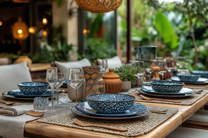 Close-up of outdoor dining tabletop with place settings and decorations