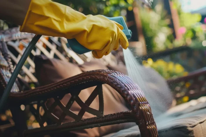 Person with yellow rubber glove spraying water on a brown outdoor wicker loveseat