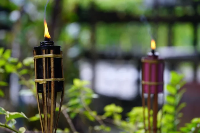 Two lit citronella tiki torches in a lush backyard