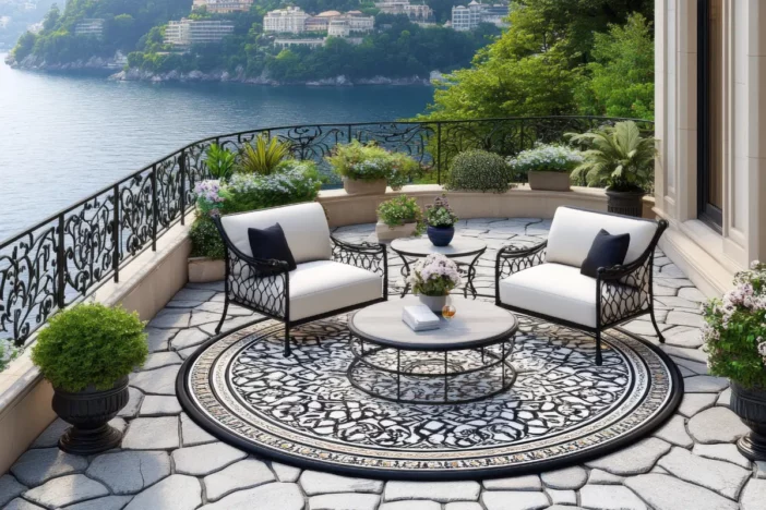 Black metal lounge set and round outdoor rug on a Mediterranean balcony with a scenic water view
