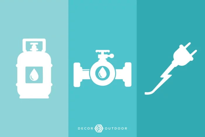 Three teal panels with white icons showing a propane tank, natural gas line and an electric plug