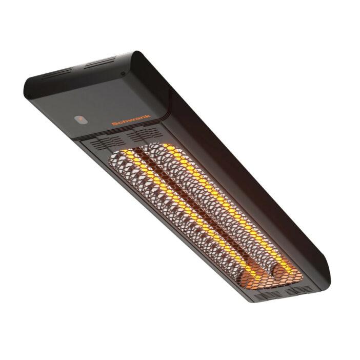 Black rectangular electric patio heater with two glowing infrared tubes