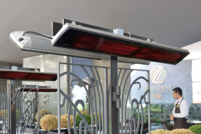 Mounted electric heaters in a covered patio restaurant