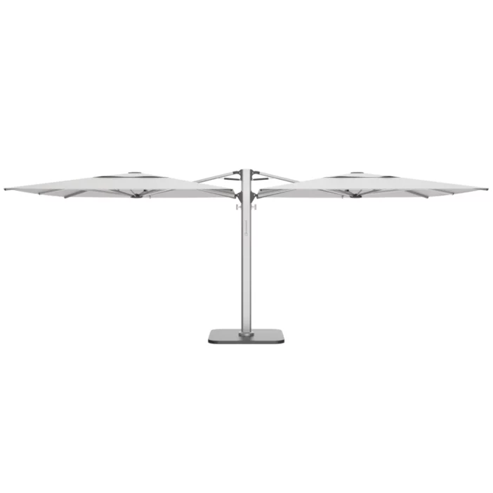 Double canopy patio umbrella with square white canopies and silver frame