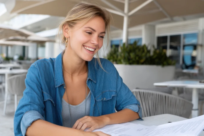Young woman with blonde hair and denim shirt sitting in a patio furniture store