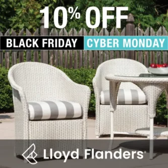 White outdoor wicker dining set with promotion for 10% Off Lloyd Flanders products Black Friday / Cyber Monday