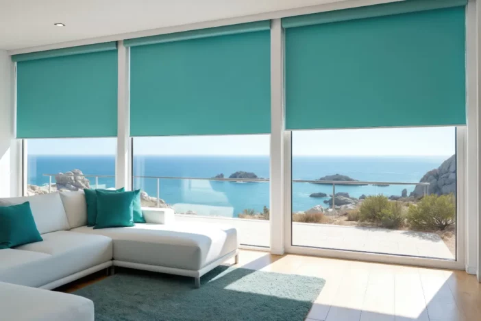 Indoor living room with teal automatic window blinds with ocean view