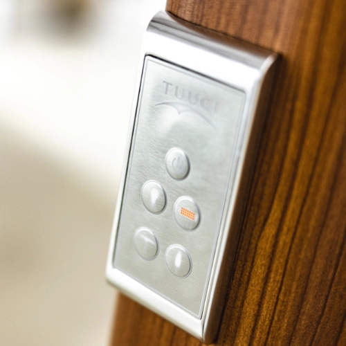 Smart umbrella control panel with lighting, heating and open/close on a wooden pole