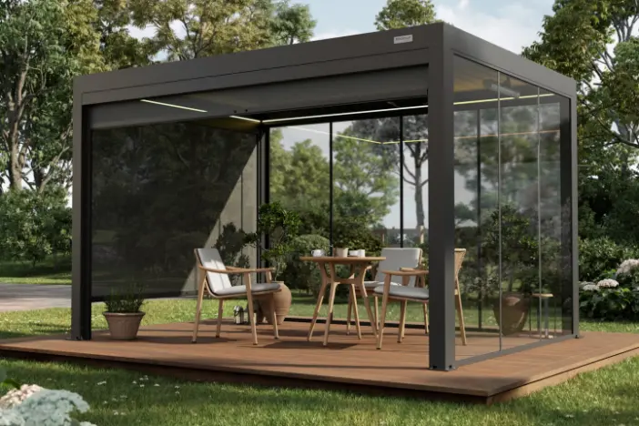 Black modern louvered pergola with LED lights, heater and shade screen