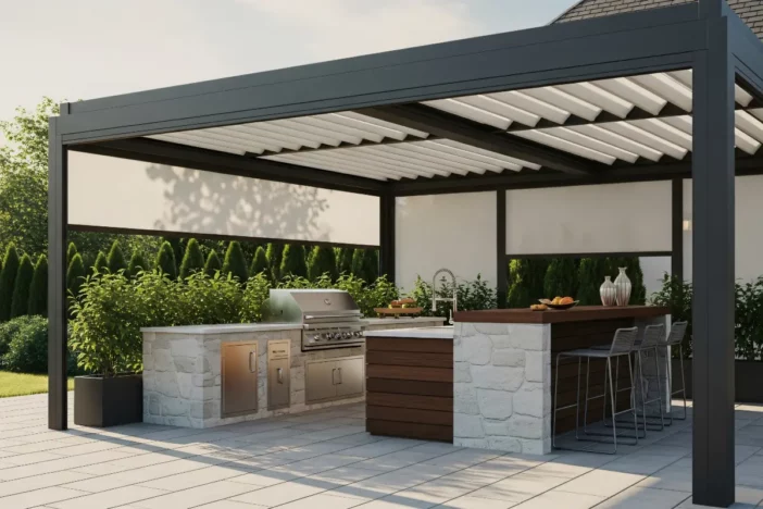 Modern black metal pergola with white louvers and screens shading an outdoor kitchen and bar