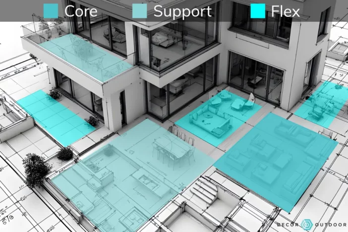 3D schematic of modern house with shade zones marked in grades of teal