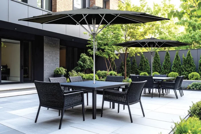 Metal center pole umbrellas with black octagonal canopies through dining tables on a patio